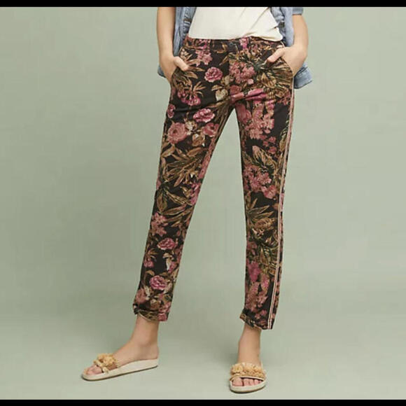CHINO ANTHROPOLOGIE black pink floral pants - Picture 1 of 6